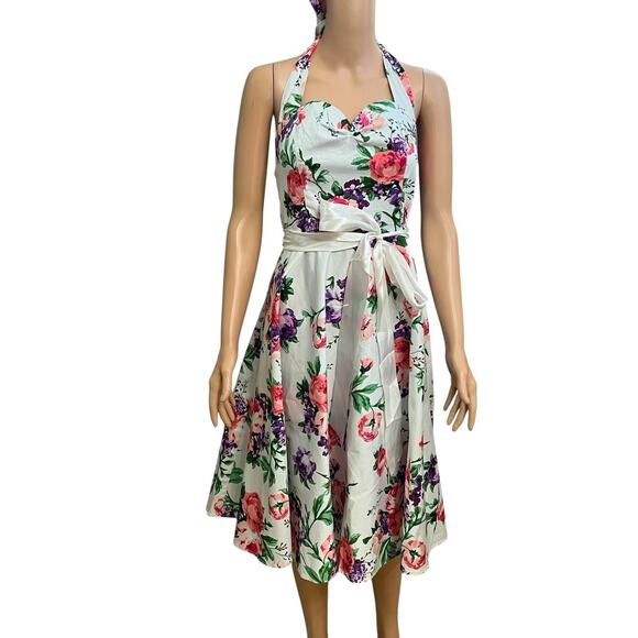 Grace Karin Dresses & Skirts - Grace Karin Floral Pinup Dress XL Halter Fit And Flare Midi Twee Retro Tradwife